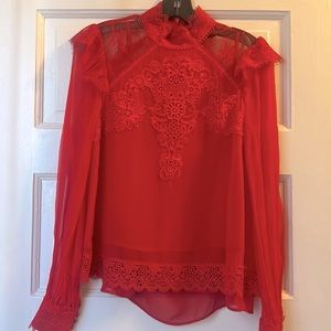 THE KOOPLES Red Silk Lace Long Sleeve Blouse Size 1 (Small)